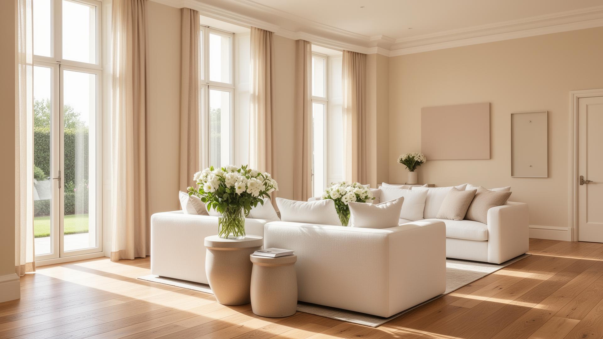Sunlit luxury living room professionally cleaned by 918 Cleaners