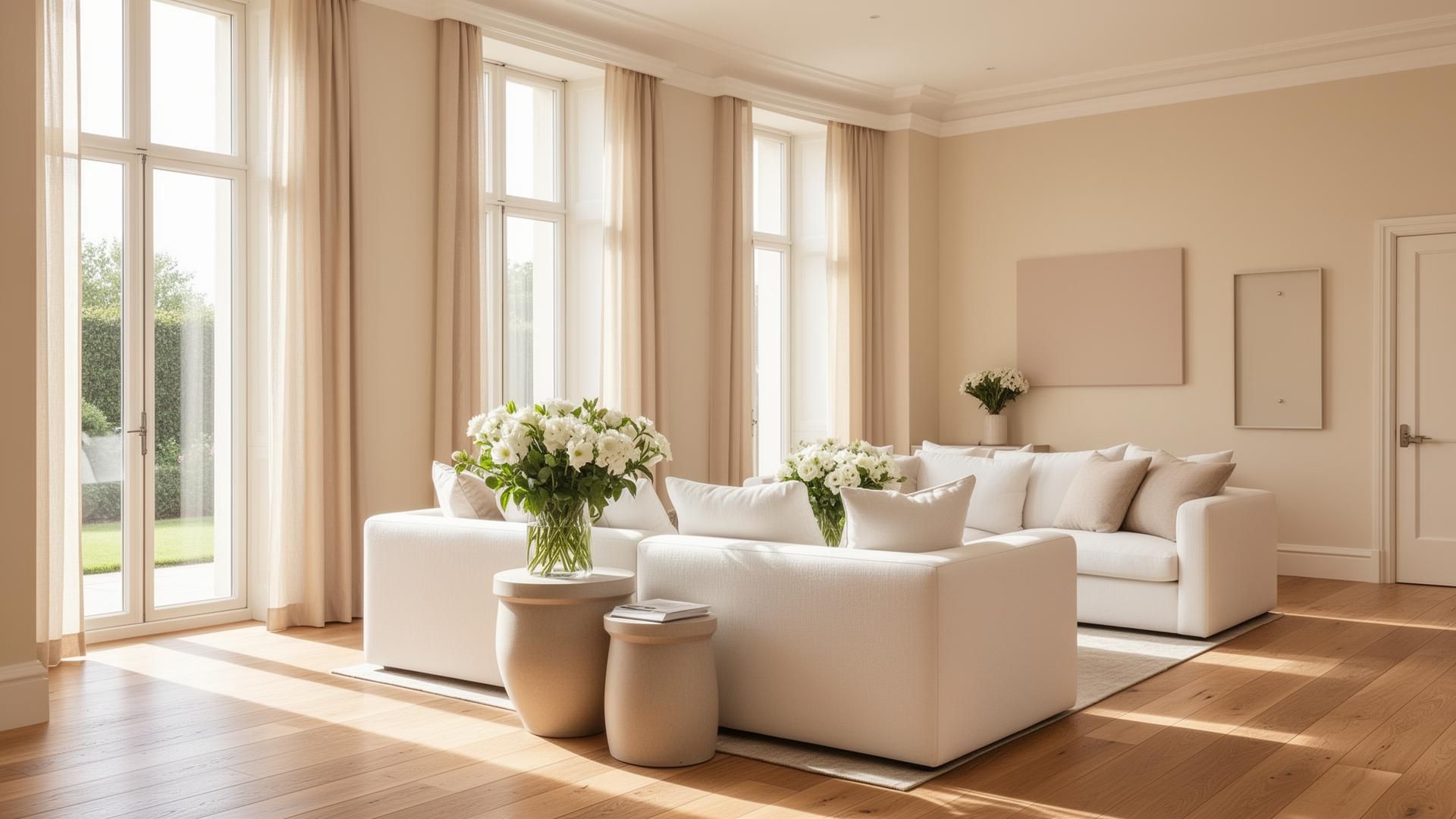Bright living room with white sofas and tall windows